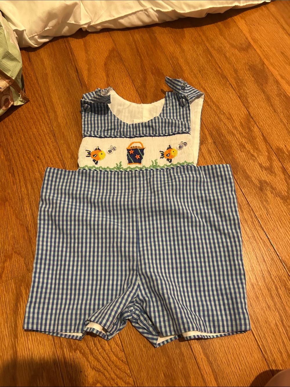 Blue Gingham Smocked One-Piece with Chick Embroidery